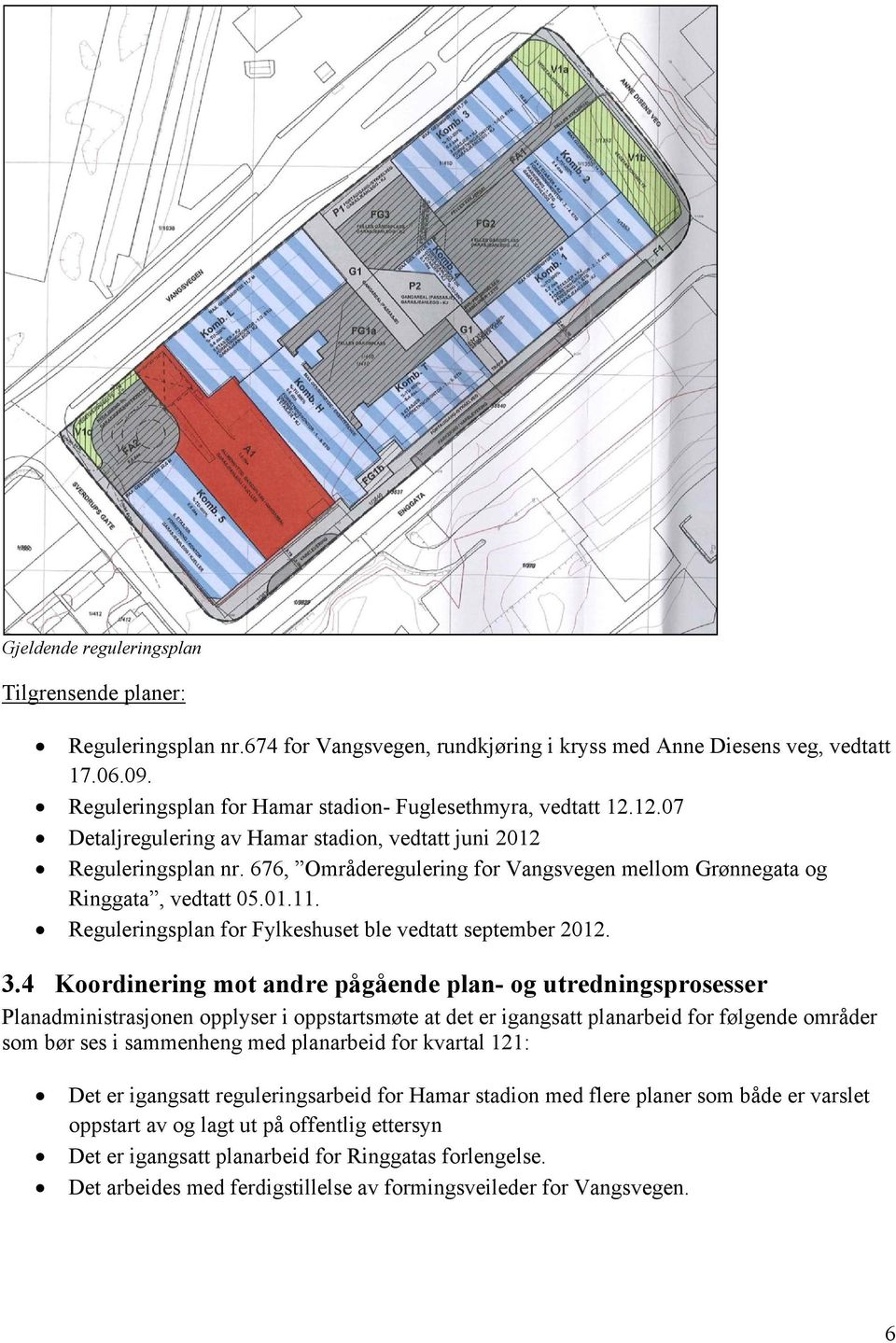676, Områderegulering for Vangsvegen mellom Grønnegata og Ringgata, vedtatt 05.01.11. Reguleringsplan for Fylkeshuset ble vedtatt september 2012. 3.