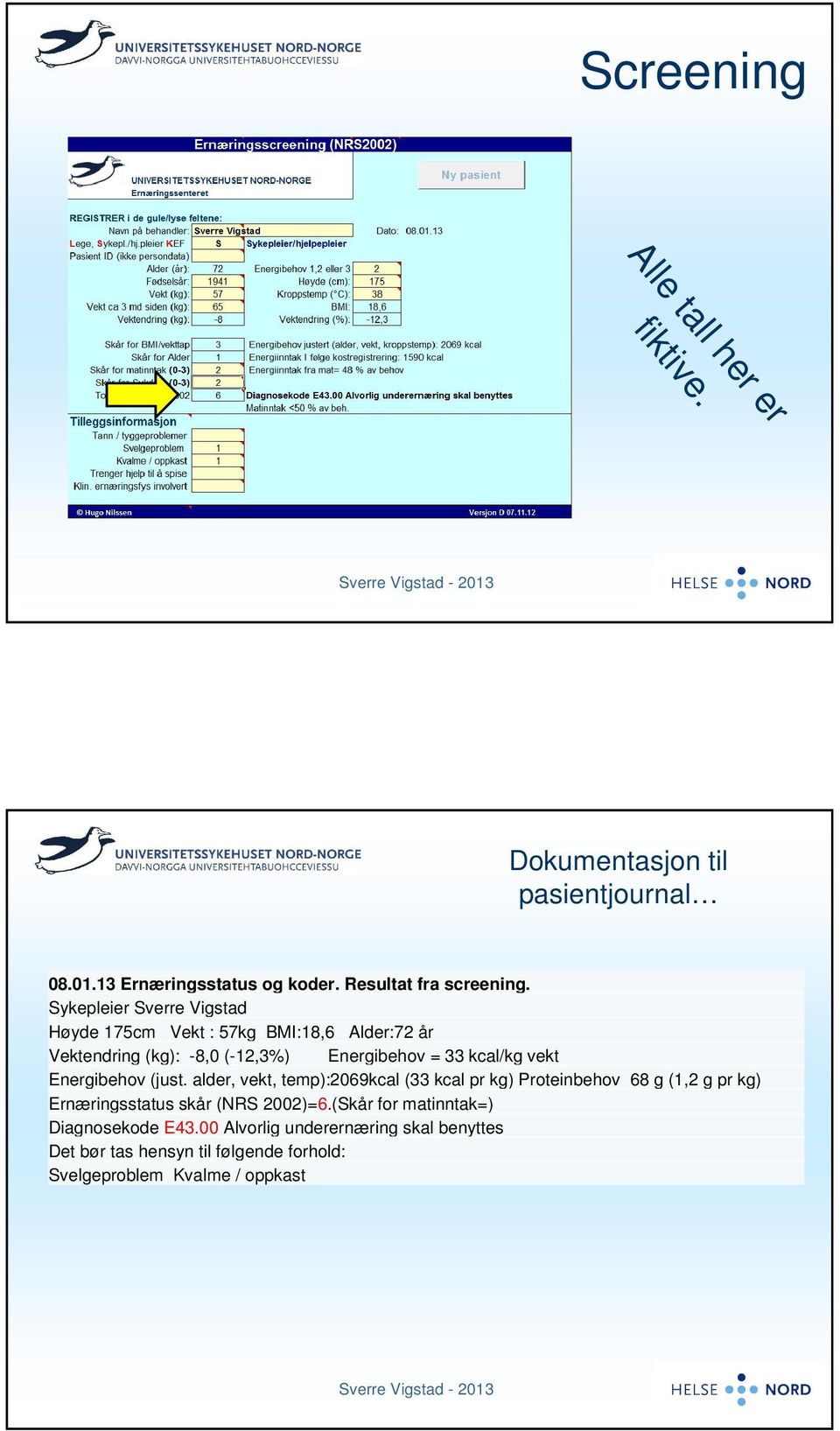 Energibehov (just. alder, vekt, temp):2069kcal (33 kcal pr kg) Proteinbehov 68 g (1,2 g pr kg) Ernæringsstatus skår (NRS 2002)=6.