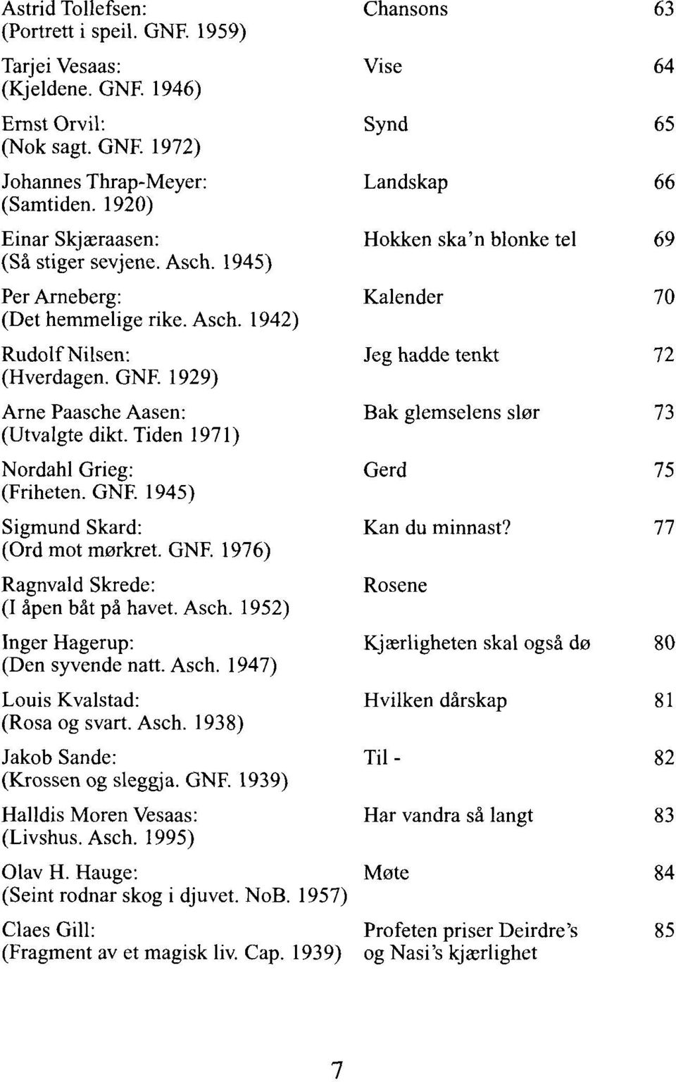 GNF. 1976) Ragnvald Skrede: (I åpen båt på havet. Asch. 1952) Inger Hagerup: (Den syvende natt. Asch. 1947) Louis Kvalstad: (Rosa og svart. Asch. 1938) Jakob Sande: (Krossen og sleggja. GNF.