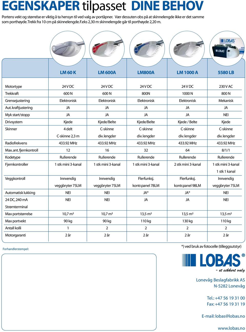 LM 60 K LM 600A LM800A LM 1000 A 5580 LB Motortype 24 V DC 24 V DC 24 V DC 24 V DC 230 V AC Trekkraft 600 N 600 N 800N 1000 N 800 N Grensejustering Elektronisk Elektronisk Elektronisk Elektronisk