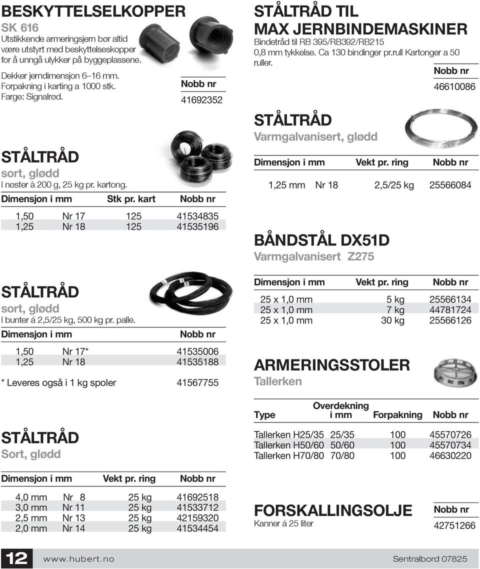 kart 1,50 Nr 17 125 41534835 1,25 Nr 18 125 41535196 STÅLTRÅD sort, glødd I bunter á 2,5/25 kg, 500 kg pr. palle.