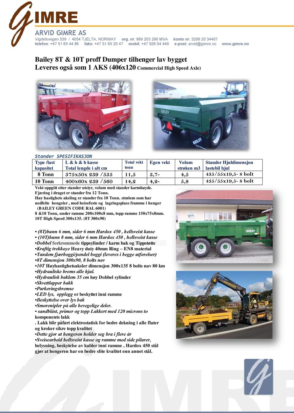 no Bailey 8T & 10T proff Dumper tilhenger lav bygget Leveres også som 1 AKS (406x120 Commercial High Speed Axle) Stander SPESIFIKASJON Type /last L & h & b kasse Total vekt Egen vekt Volum Stander