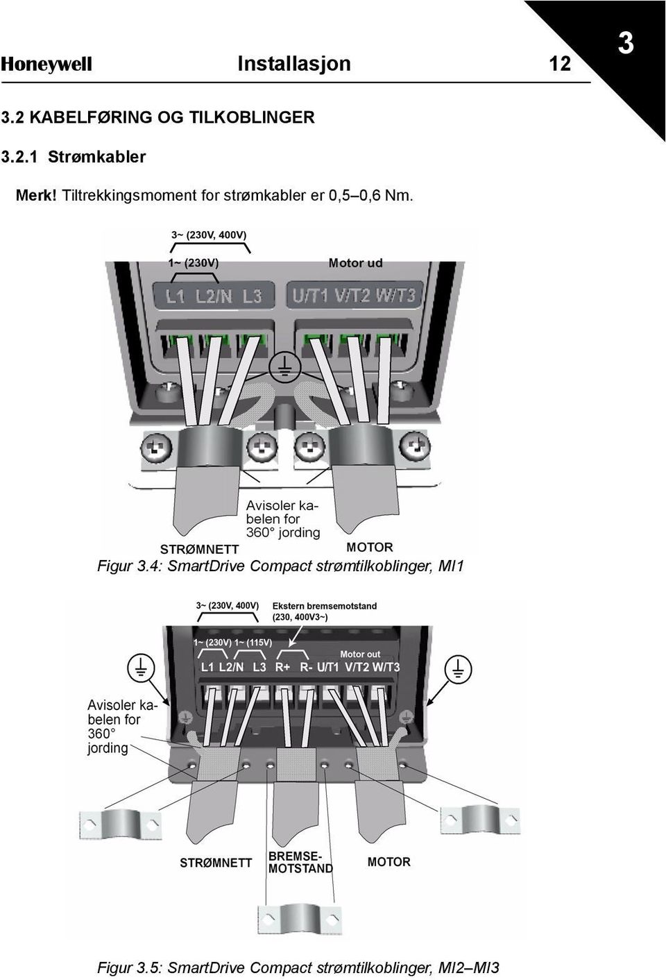 Tiltrekkingsmoment for strømkabler er 0,5 0,6 Nm. Figur 3.