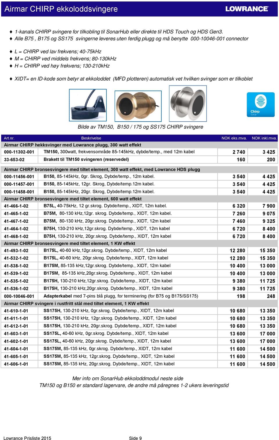 frekvens; 130-210kHz XIDT= en ID-kode som betyr at ekkoloddet (MFD plotteren) automatisk vet hvilken svinger som er tilkoblet Bilde av TM150, B150 / 175 og SS175 CHIRP svingere Airmar CHIRP