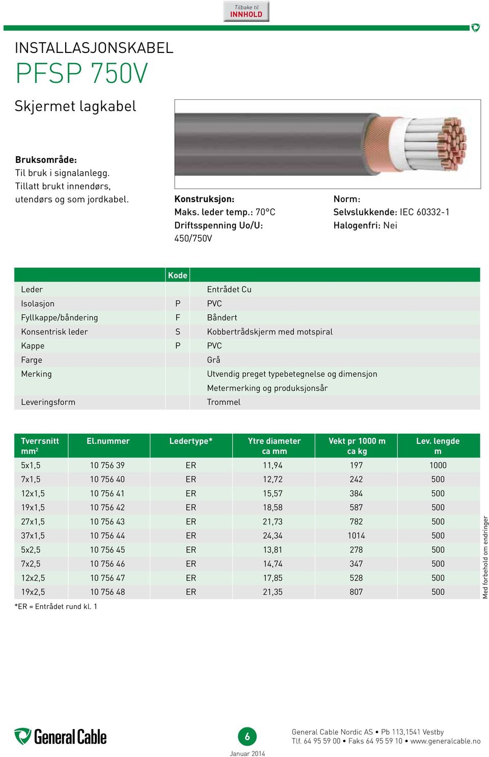 Konsentrisk leder S Kobbertrådskjerm med motspiral Kappe P PVC Farge Grå Merking Utvendig preget typebetegnelse og dimensjon Metermerking og produksjonsår Leveringsform Trommel Tverrsnitt El.