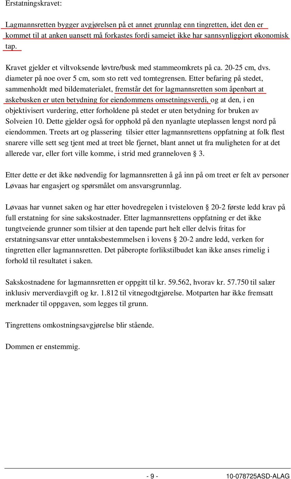 Etter befaring på stedet, sammenholdt med bildematerialet, fremstår det for lagmannsretten som åpenbart at askebusken er uten betydning for eiendommens omsetningsverdi, og at den, i en objektivisert