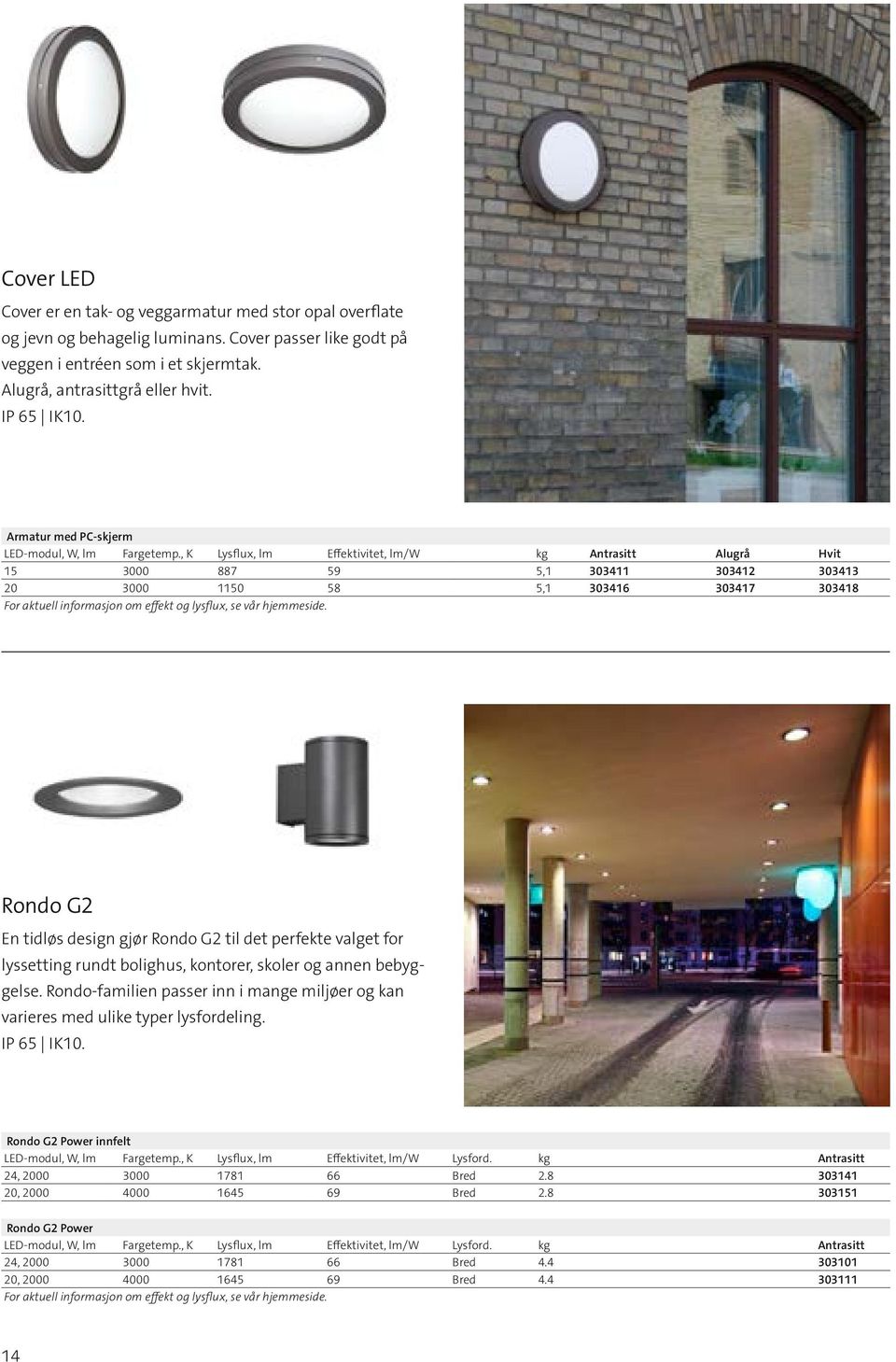 , K Lysflux, lm Effektivitet, lm/w kg Antrasitt Alugrå Hvit 15 3000 887 59 5,1 303411 303412 303413 20 3000 1150 58 5,1 303416 303417 303418 Rondo G2 En tidløs design gjør Rondo G2 til det perfekte