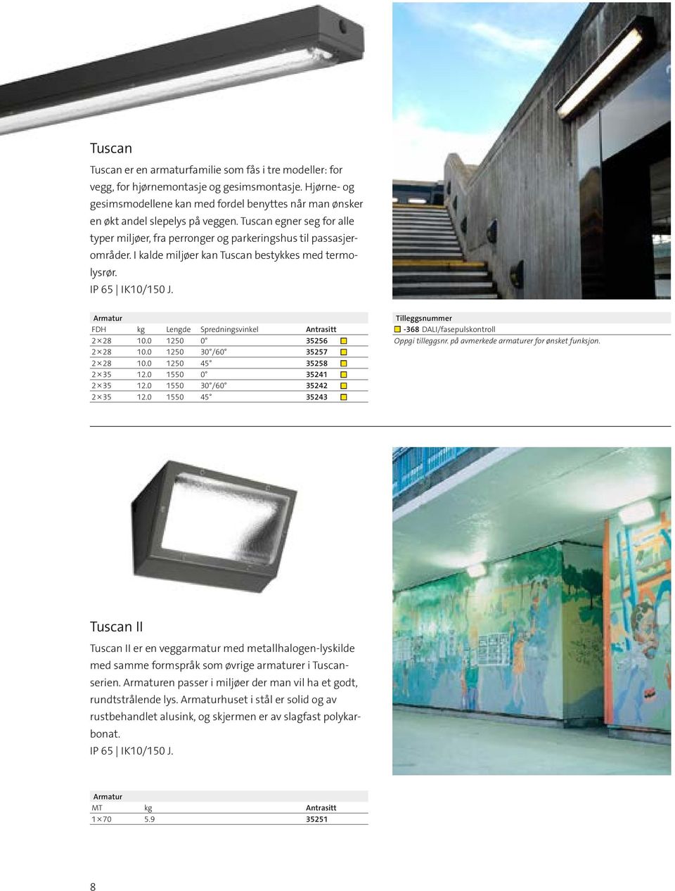 I kalde miljøer kan Tuscan bestykkes med termolysrør. IP 65 IK10/150 J. FDH kg Lengde Spredningsvinkel Antrasitt 2 28 10.0 1250 0 35256 2 28 10.0 1250 30 /60 35257 2 28 10.0 1250 45 35258 2 35 12.