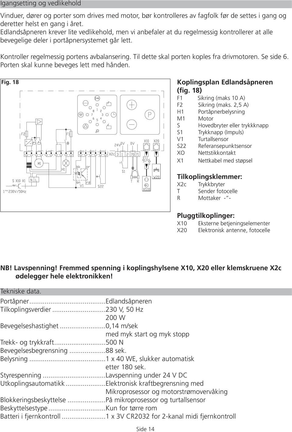 Til dette skal porten koples fra drivmotoren. Se side 6. Porten skal kunne beveges lett med hånden. Fig. 18 Koplingsplan Edlandsåpneren (fig. 18) F1 Sikring (maks 10 A) F2 Sikring (maks.