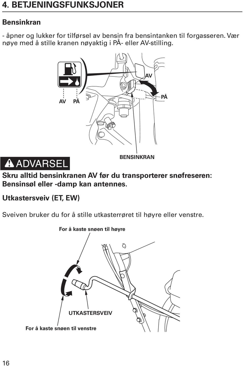 av OF OF OFF OFF av PÅ PÅ WARNIN G WARNIN G For å kaste snøen til høyre BEnSInKran Skru alltid bensinkranen av før du