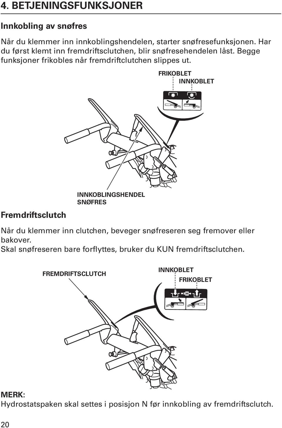 FrIKoBlET InnKoBlET Fremdriftsclutch InnKoBlInGShEndEl SnøFrES Når du klemmer inn clutchen, beveger snøfreseren seg fremover eller bakover.