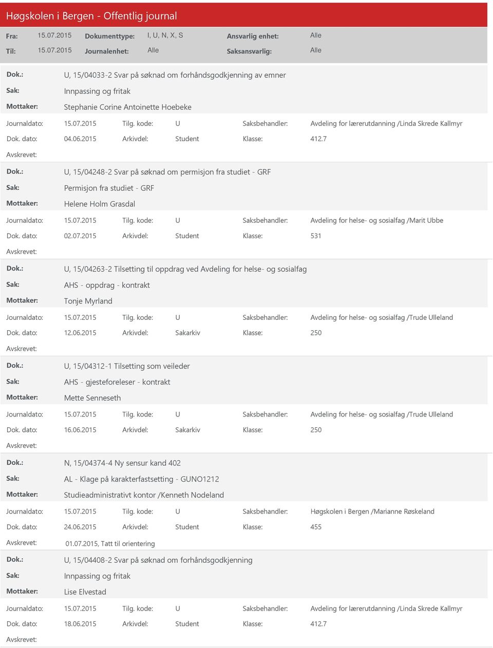 2015 Arkivdel: Student, 15/04263-2 Tilsetting til oppdrag ved Avdeling for helse- og sosialfag AHS - oppdrag - kontrakt Tonje Myrland Avdeling for helse- og sosialfag /Trude lleland Dok. dato: 12.06.