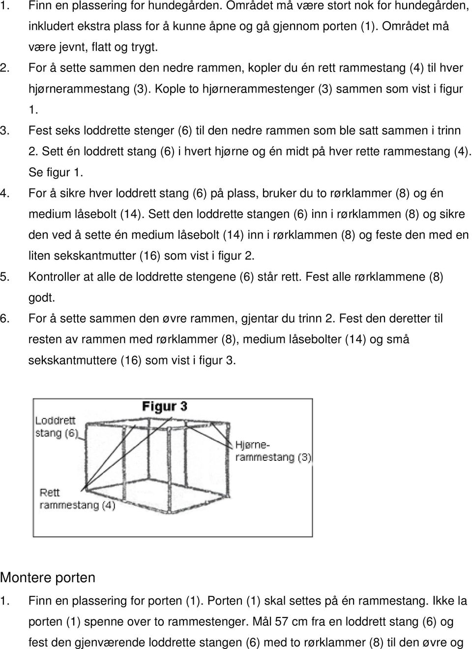 Fest seks loddrette stenger (6) til den nedre rammen som ble satt sammen i trinn 2. Sett én loddrett stang (6) i hvert hjørne og én midt på hver rette rammestang (4). Se figur 1. 4.