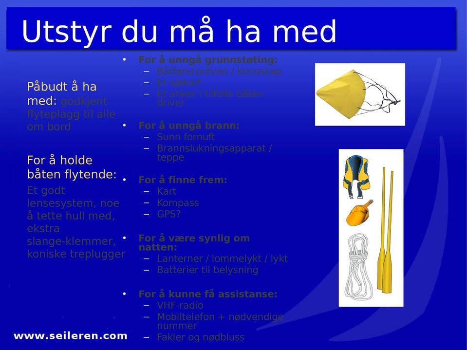 båten driver For å unngå brann: Sunn fornuft Brannslukningsapparat / teppe For å finne frem: Kart Kompass GPS?