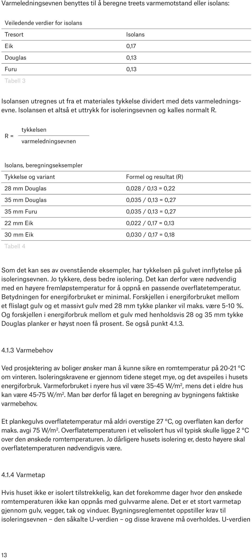 R = tykkelsen varmeledningsevnen Isolans, beregningseksempler Tykkelse og variant Formel og resultat (R) 28 mm Douglas 0,028 / 0,13 = 0,22 35 mm Douglas 0,035 / 0,13 = 0,27 35 mm Furu 0,035 / 0,13 =