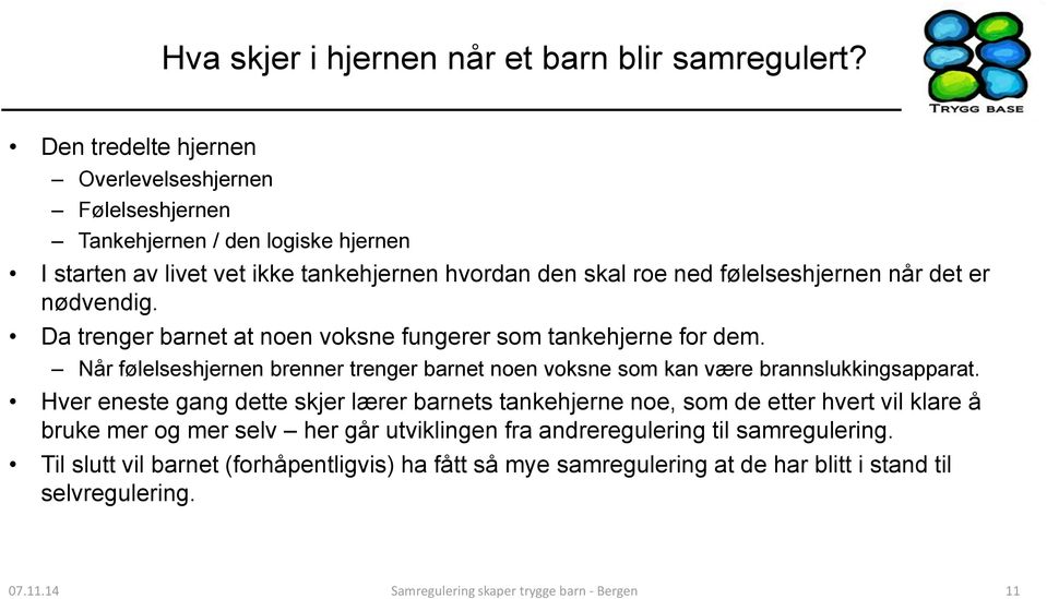 er nødvendig. Da trenger barnet at noen voksne fungerer som tankehjerne for dem. Når følelseshjernen brenner trenger barnet noen voksne som kan være brannslukkingsapparat.