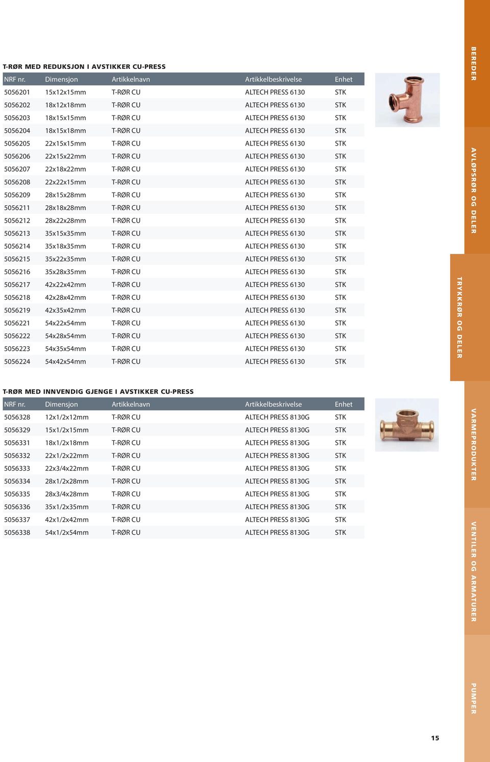 22x22x15mm T-RØR CU ALTECH PRESS 6130 STK 5056209 28x15x28mm T-RØR CU ALTECH PRESS 6130 STK 5056211 28x18x28mm T-RØR CU ALTECH PRESS 6130 STK 5056212 28x22x28mm T-RØR CU ALTECH PRESS 6130 STK 5056213