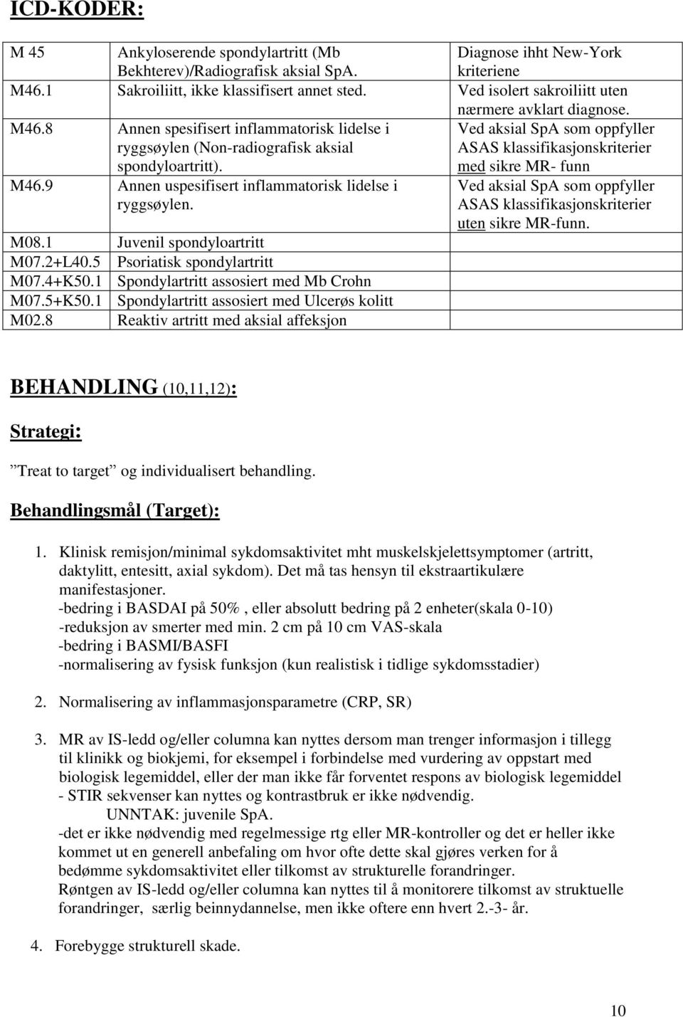 Ved aksial SpA som oppfyller ASAS klassifikasjonskriterier med sikre MR- funn M46.9 Annen uspesifisert inflammatorisk lidelse i ryggsøylen. M08.1 Juvenil spondyloartritt M07.2+L40.