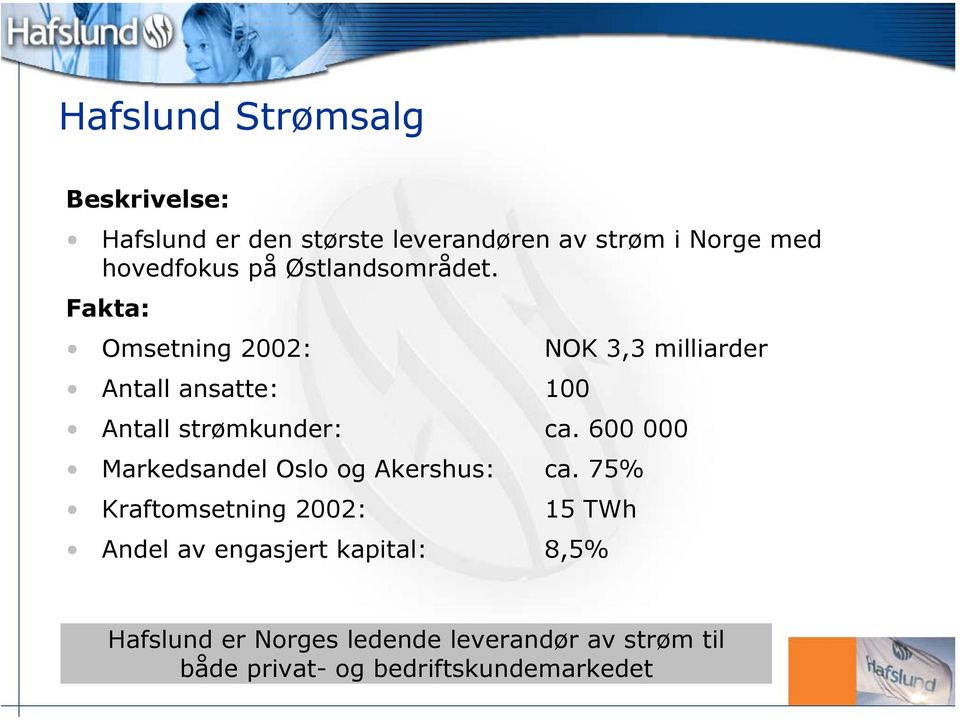 Fakta: Omsetning 2002: NOK 3,3 milliarder Antall ansatte: 100 Antall strømkunder: ca.