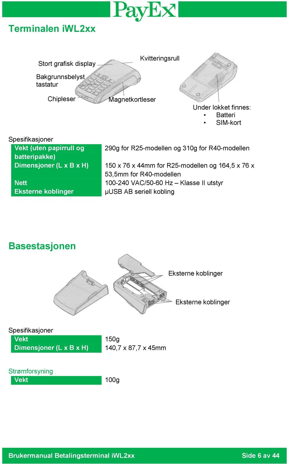 76 x 44mm for R25-modellen og 164,5 x 76 x 53,5mm for R40-modellen 100-240 VAC/50-60 Hz Klasse II utstyr µusb AB seriell kobling Basestasjonen Eksterne