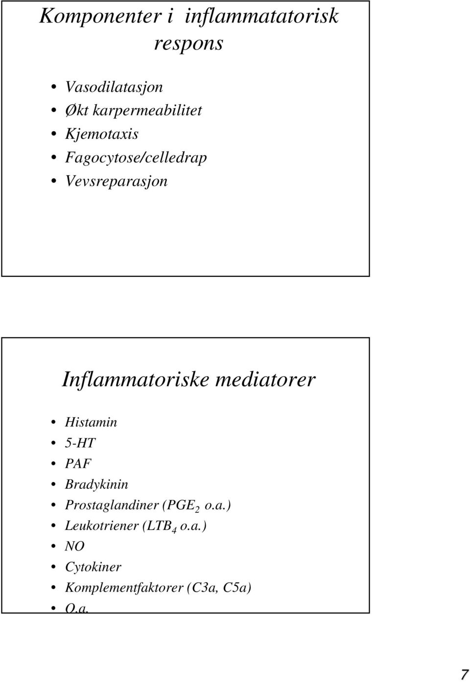 Inflammatoriske mediatorer Histamin 5-HT PAF Bradykinin