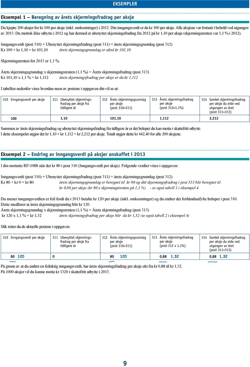 Inngangsverdi (post 310) + Ubenyttet (post 311) = årets skjermingsgrunnlag (post 312) Kr 100 + kr 1,10 = kr 101,10 årets skjermingsgrunnlag er altså kr 101,10 Skjermingsrenten for 2013 er 1,1 %.