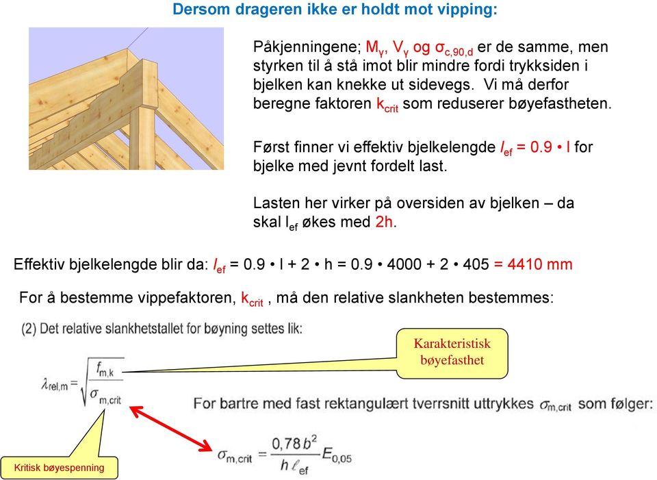 9 l for bjelke med jevnt fordelt last. Lasten her virker på oversiden av bjelken da skal l ef økes med 2h. Effektiv bjelkelengde blir da: l ef = 0.