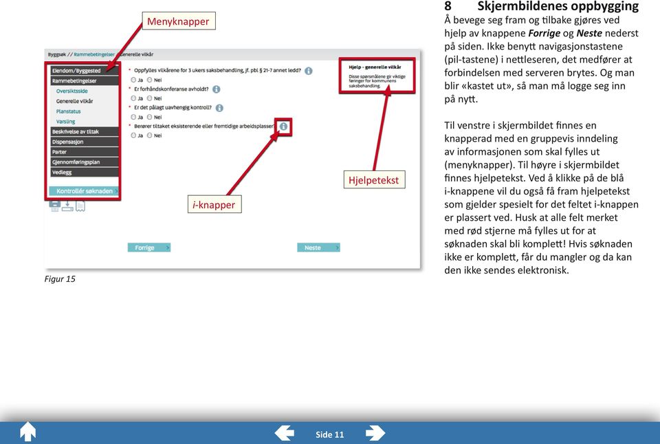 Figur 15 i-knapper Hjelpetekst Til venstre i skjermbildet finnes en knapperad med en gruppevis inndeling av informasjonen som skal fylles ut (menyknapper). Til høyre i skjermbildet finnes hjelpetekst.