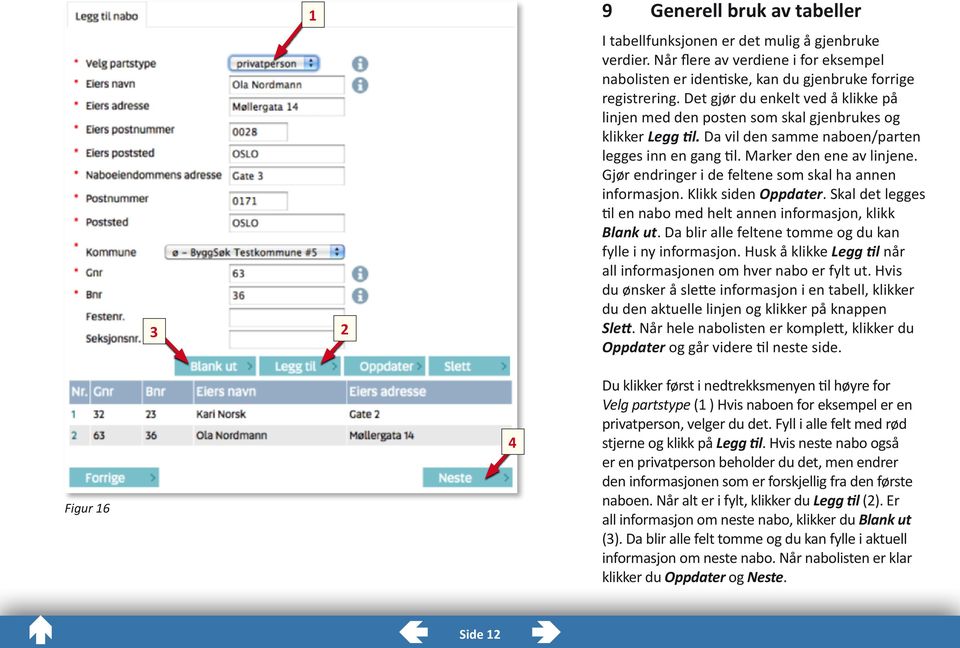 Gjør endringer i de feltene som skal ha annen informasjon. Klikk siden Oppdater. Skal det legges til en nabo med helt annen informasjon, klikk Blank ut.