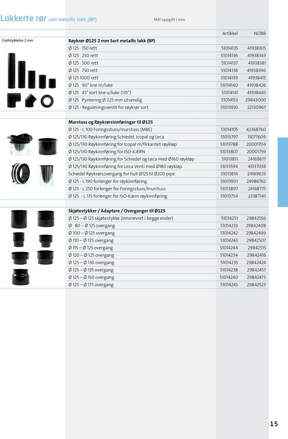 51014153 29843000 Ø 125 - Reguleringsventil for røykrør sort 51013910 22130967 Murstuss og Røykrørsinnføringer til Ø125 Ø 125 - L 100 Foringsstuss/murstuss (ME) 51014105 42368760 Ø 125/130