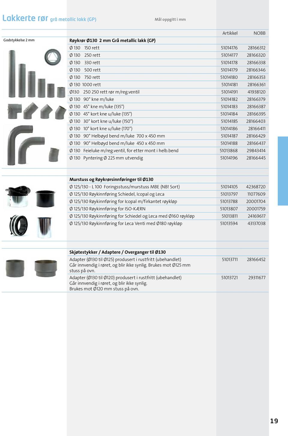 ventil 51014191 41938120 Ø 130 90 kne m/luke 51014182 28166379 Ø 130 45 kne m/luke (135 ) 51014183 28166387 Ø 130 45 kort kne u/luke (135 ) 51014184 28166395 Ø 130 30 kort kne u/luke (150 ) 51014185