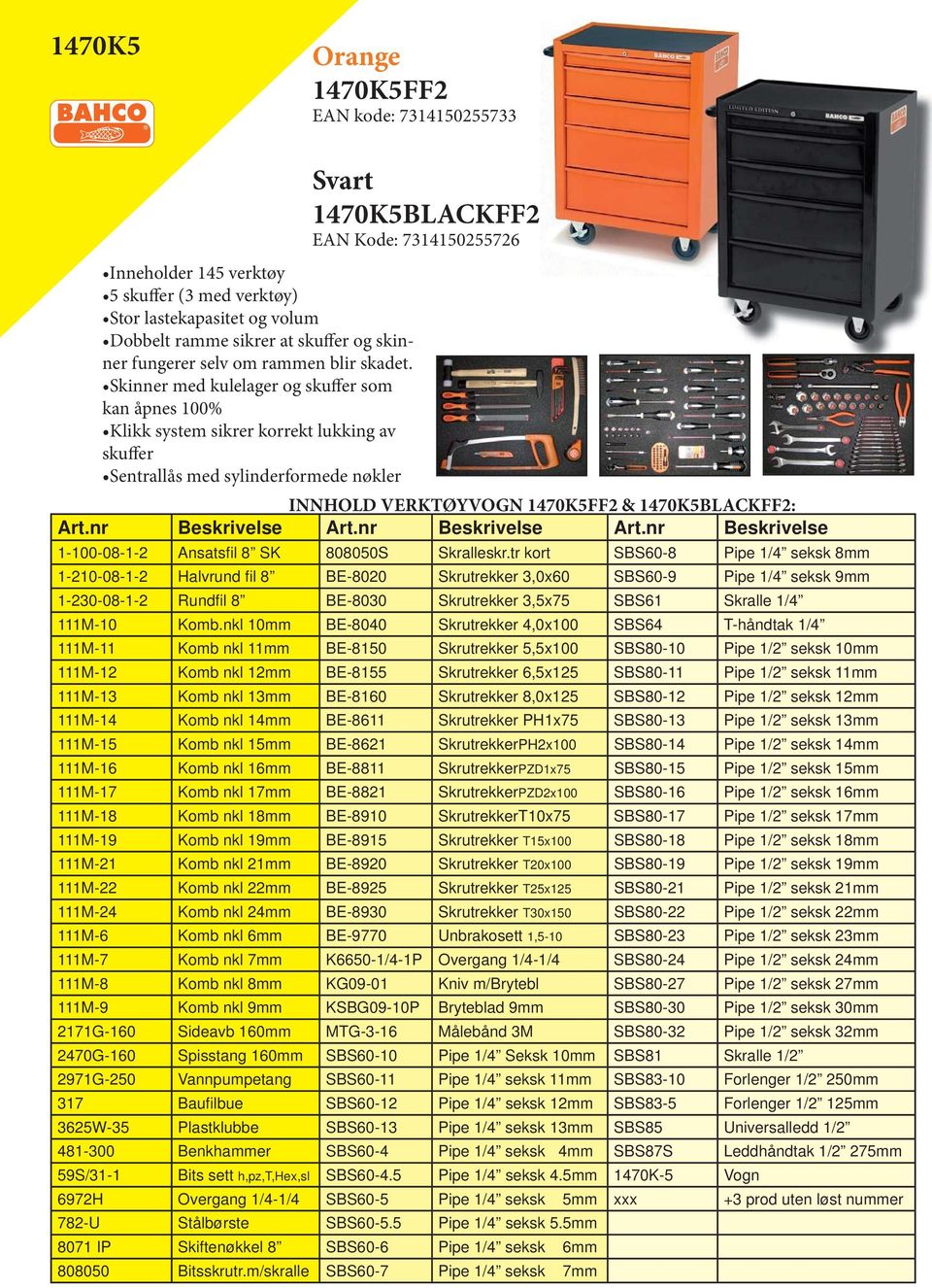 Skinner med kulelager og skuffer som kan åpnes 100% Klikk system sikrer korrekt lukking av skuffer Sentrallås med sylinderformede nøkler INNHOLD VERKTØYVOGN 1470K5FF2 & 1470K5BLACKFF2: Art.