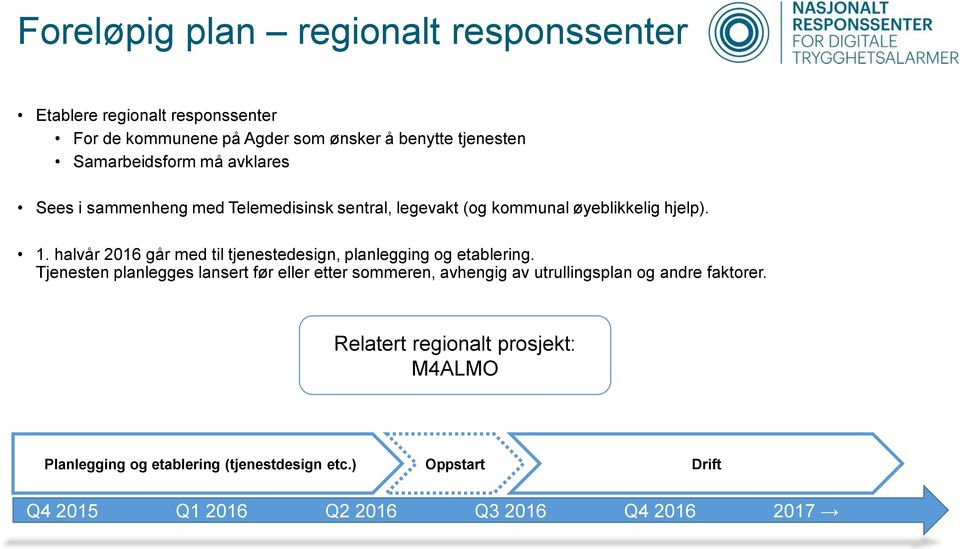 halvår 2016 går med til tjenestedesign, planlegging og etablering.