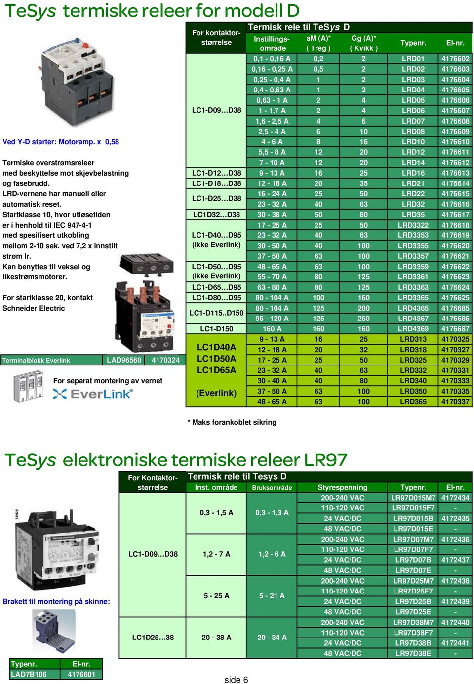 For startklasse 0, kontakt Schneider Electric Terminalblokk LAD96560 47034 For separat montering av vernet For kontaktorstørrelse LCD09 D38 LCD D38 LCD8 D38 LCD5 D38 LCD3 D38 LCD40 D95 (ikke ) LCD50