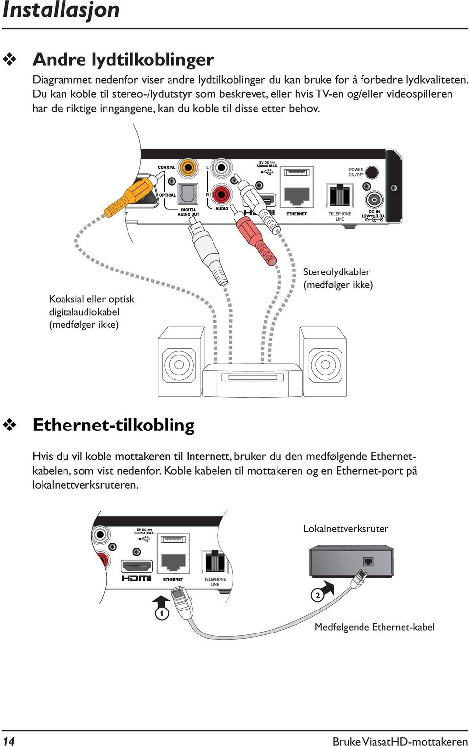 Koaksial eller optisk digitalaudiokabel (medfølger ikke) Stereolydkabler (medfølger ikke) Ethernet-tilkobling Hvis du vil koble mottakeren til Internett, bruker