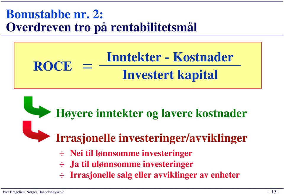 Investert kapital Høyere inntekter og lavere kostnader Irrasjonelle