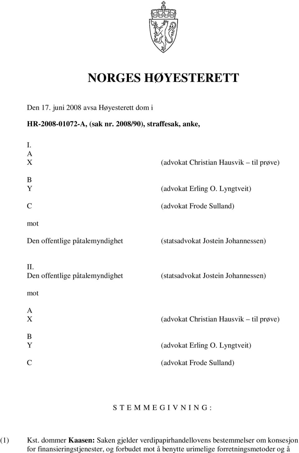 Lyngtveit) (advokat Frode Sulland) mot Den offentlige påtalemyndighet (statsadvokat Jostein Johannessen) II.