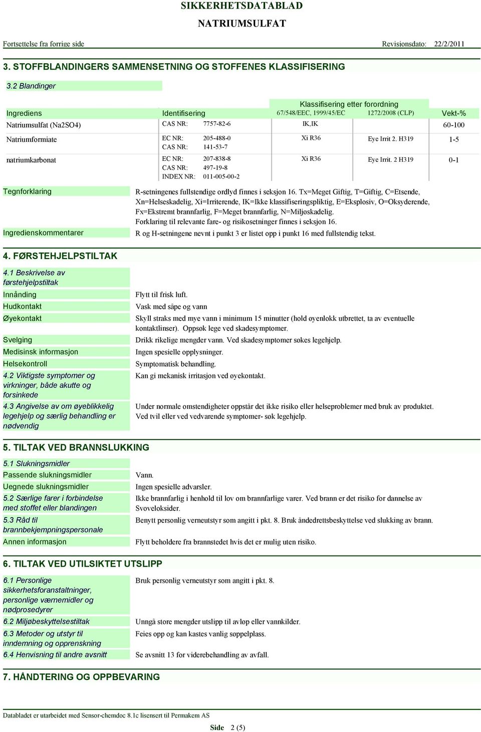 NR: EC NR: CAS NR: INDEX NR: 205-488-0 141-53-7 207-838-8 497-19-8 011-005-00-2 Xi R36 Xi R36 Eye Irrit 2. H319 Eye Irrit.