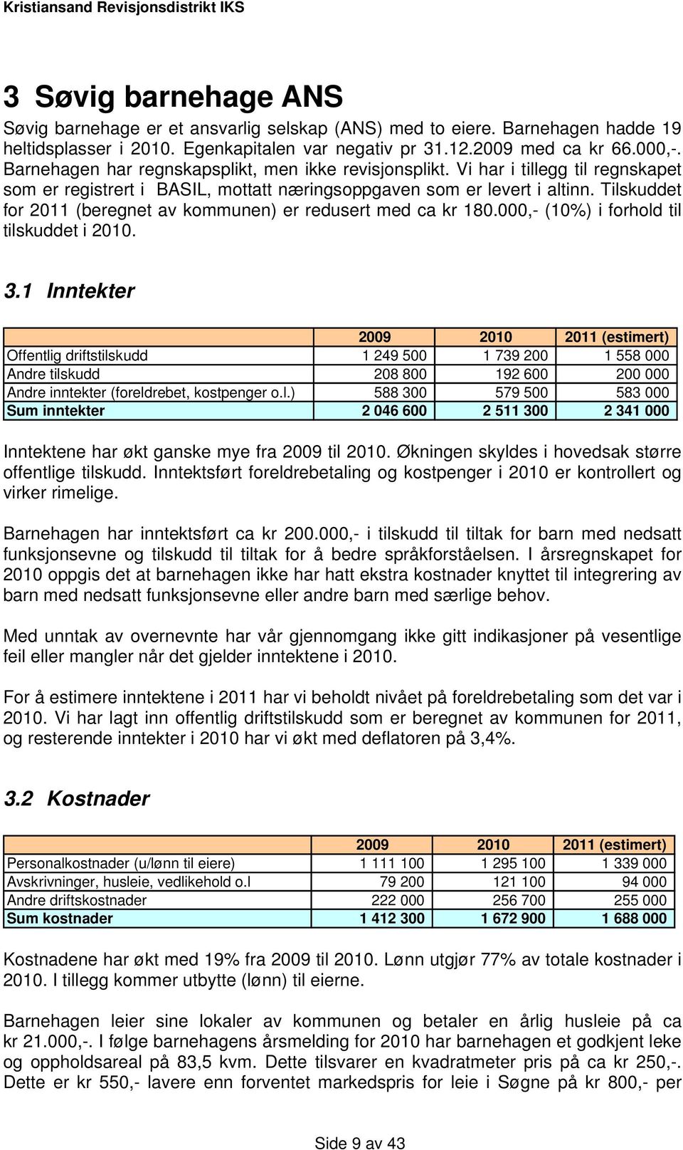 Tilskuddet for 2011 (beregnet av kommunen) er redusert med ca kr 180.000,- (10%) i forhold til tilskuddet i 2010. 3.