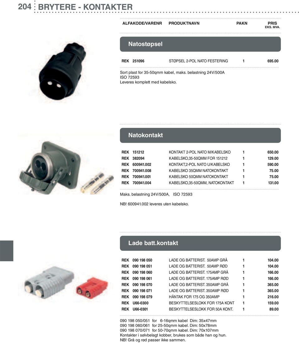 008 KABELSKO 35QMM NATOKONTAKT 1 75.00 REK 700941.001 KABELSKO 50QMM NATOKONTAKT 1 75.00 REK 700941.004 KABELSKO,35-50QMM, NATOKONTAKT 1 131.00 Maks. belastning 24V/500A, ISO 72593 NB! 600941.