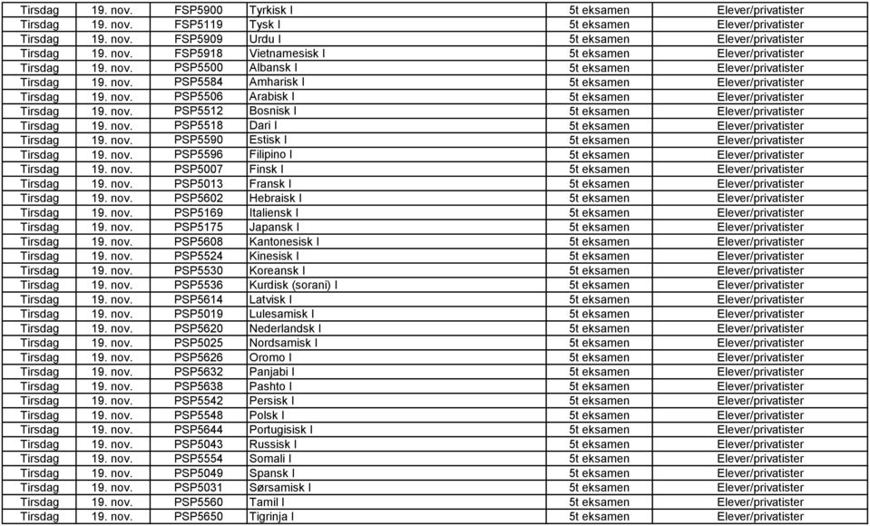 nov. PSP5506 Arabisk I 5t eksamen Elever/privatister Tirsdag 19. nov. PSP5512 Bosnisk I 5t eksamen Elever/privatister Tirsdag 19. nov. PSP5518 Dari I 5t eksamen Elever/privatister Tirsdag 19. nov. PSP5590 Estisk I 5t eksamen Elever/privatister Tirsdag 19.