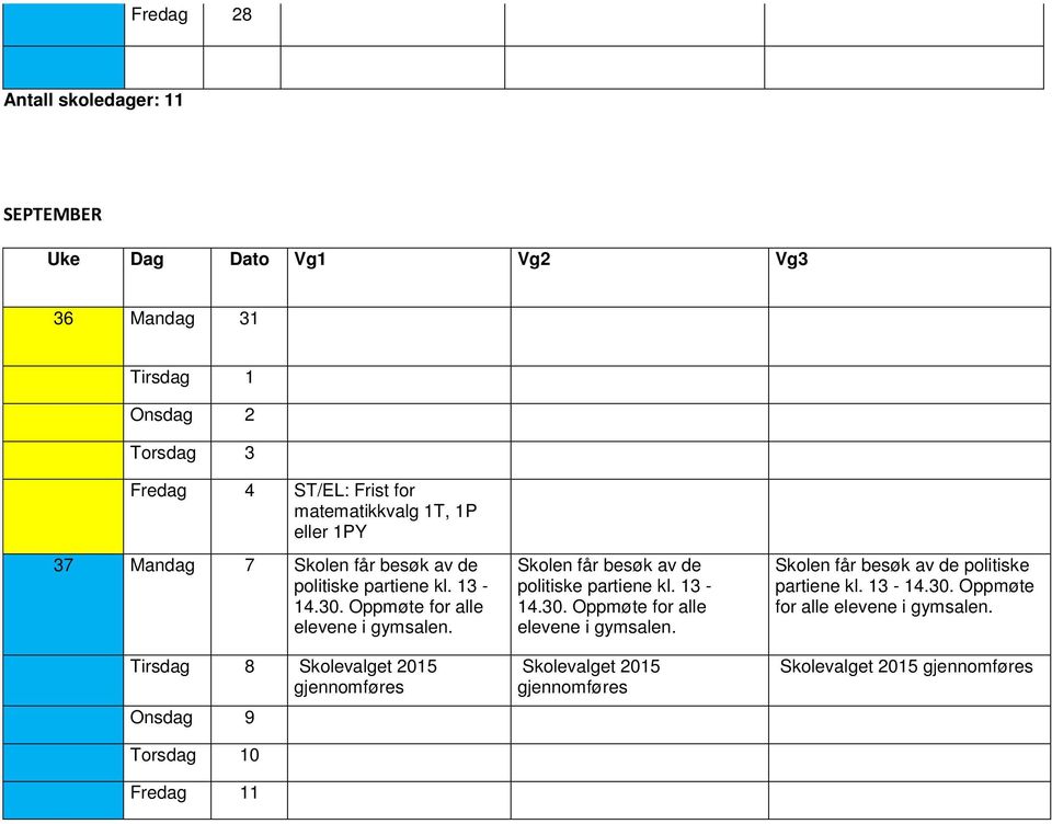 Tirsdag 8 Skolevalget 2015 gjennomføres Onsdag 9 Torsdag 10 Fredag 11 Skolen får besøk av de politiske partiene kl. 13-14.30.