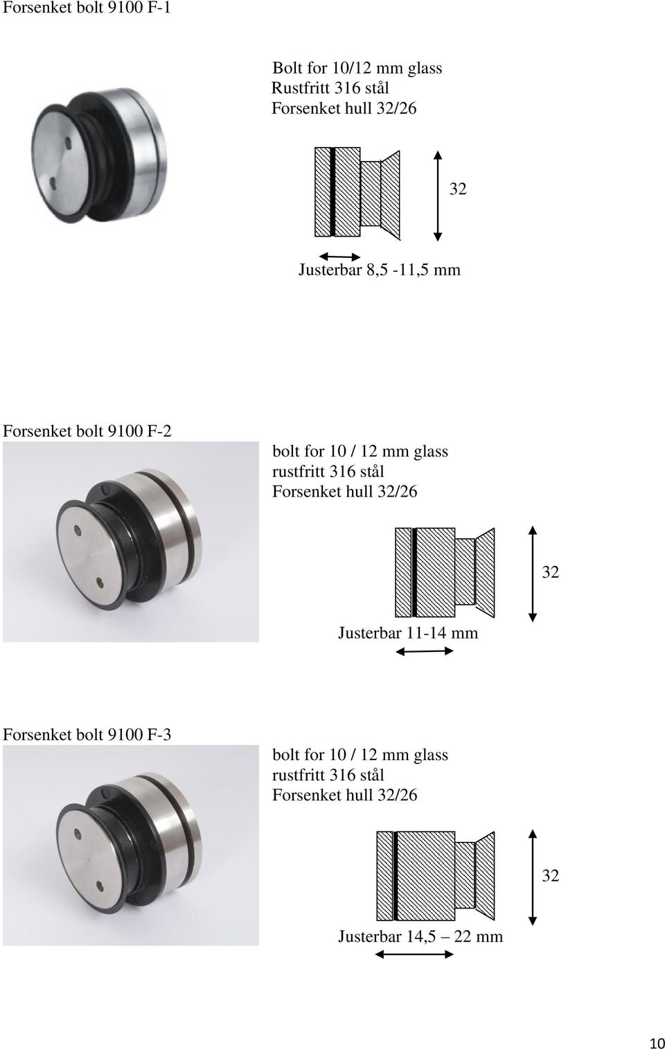 rustfritt 316 stål Forsenket hull 32/26 32 Justerbar 11-14 mm Forsenket bolt