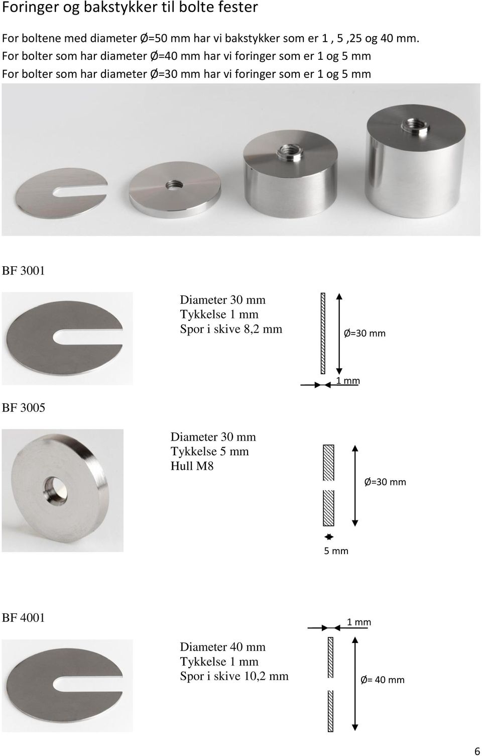 vi foringer som er 1 og 5 mm BF 3001 Diameter 30 mm Tykkelse 1 mm Spor i skive 8,2 mm Ø=30 mm 1 mm BF 3005