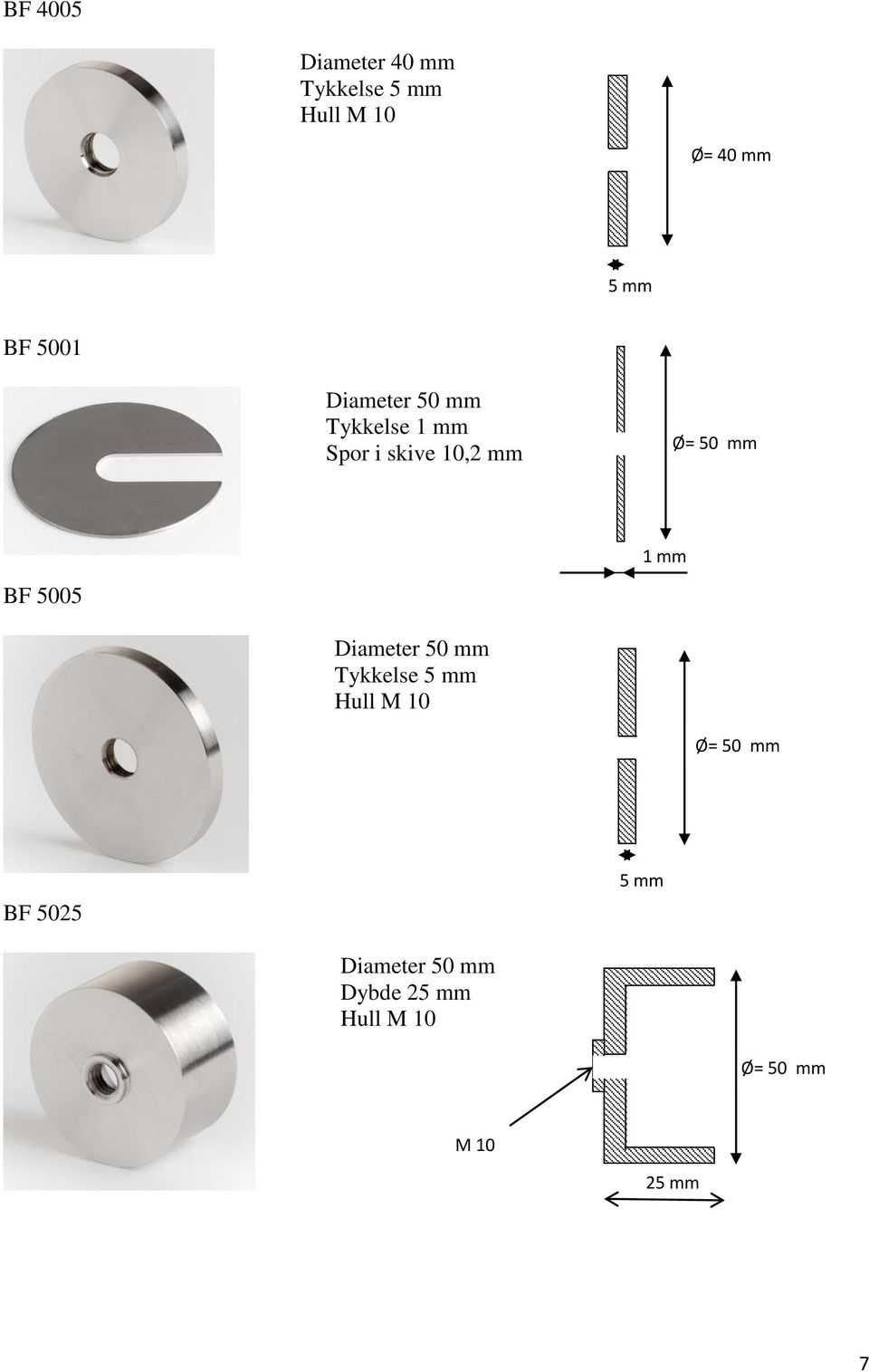 1 mm BF 5005 Diameter 50 mm Tykkelse 5 mm Hull M 10 Ø= 50 mm BF