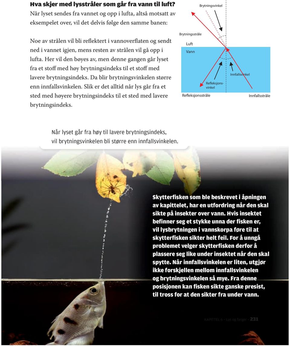 mens resten av strålen vil gå opp i lufta. Her vil den bøyes av, men denne gangen går lyset fra et stoff med høy brytningsindeks til et stoff med lavere brytningsindeks.