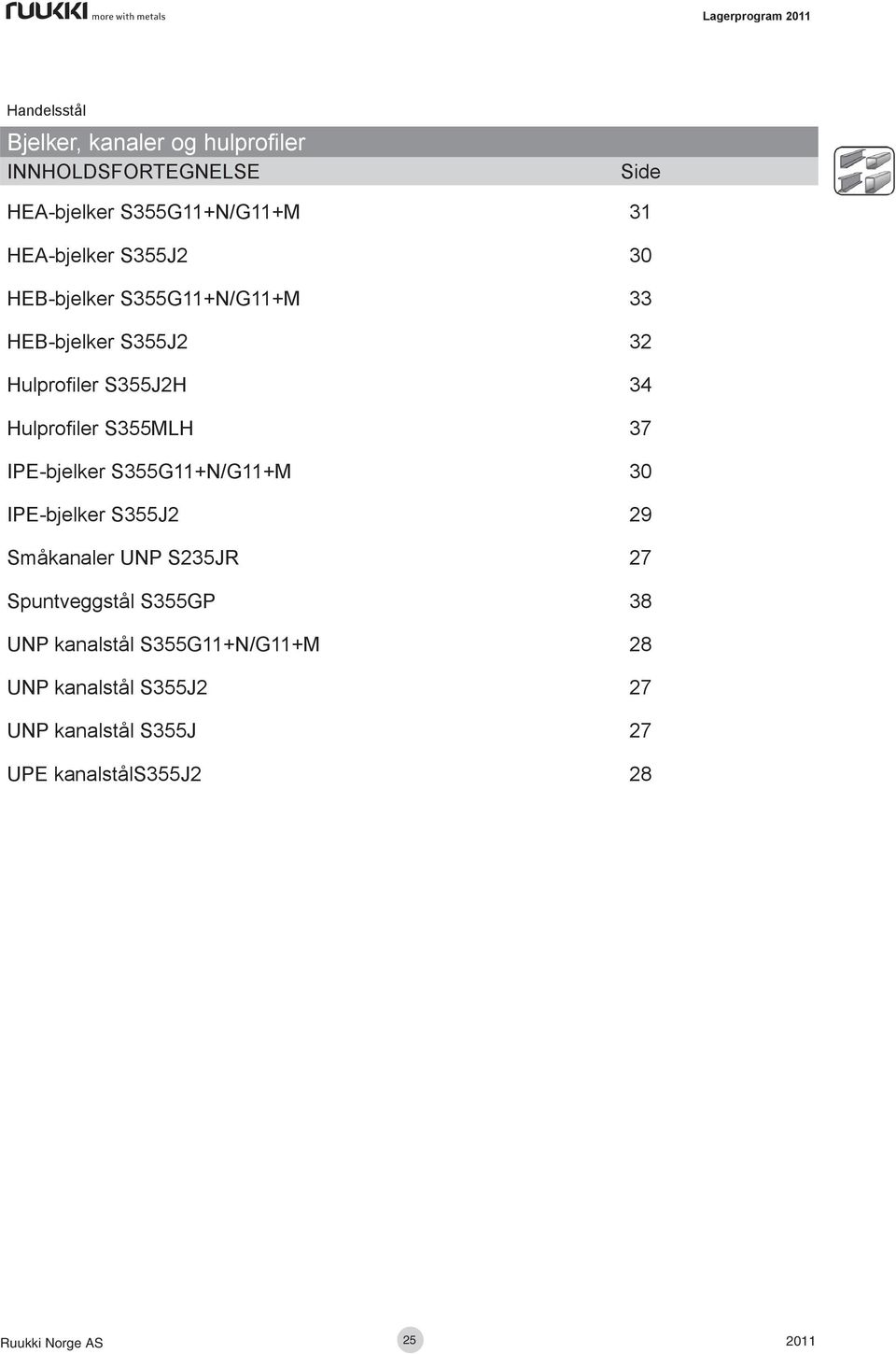 IPE-bjelker S355G11+N/G11+M 30 IPE-bjelker S355J2 29 Småkanaler UNP S235JR 27 Spuntveggstål S355GP 38 UNP