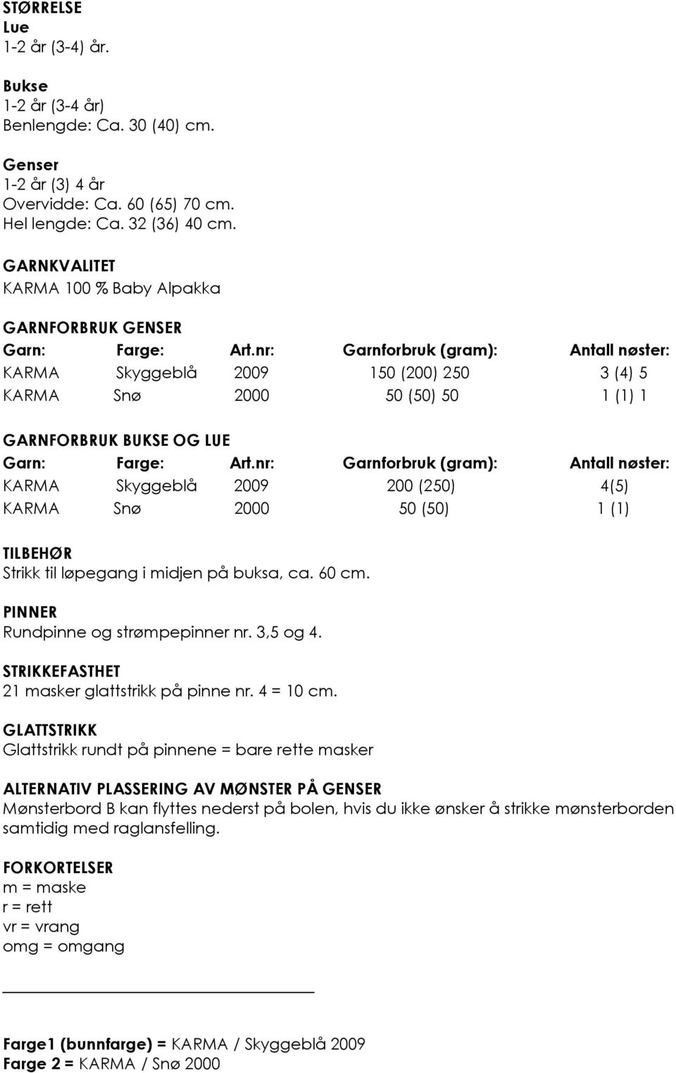 nr: Garnforbruk (gram): Antall nøster: KARMA Skyggeblå 2009 150 (200) 250 3 (4) 5 KARMA Snø 2000 50 (50) 50 1 (1) 1 GARNFORBRUK BUKSE OG LUE Garn: Farge: Art.