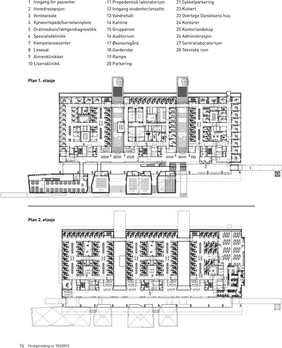 Kontorlandskap 6 Spesialistklinikk 16 Auditorium 26 Administrasjon 7 Kompetansesenter 17 Økonomigård 27 Sentrallaboratorium 8 Lesesal 18 Garderobe