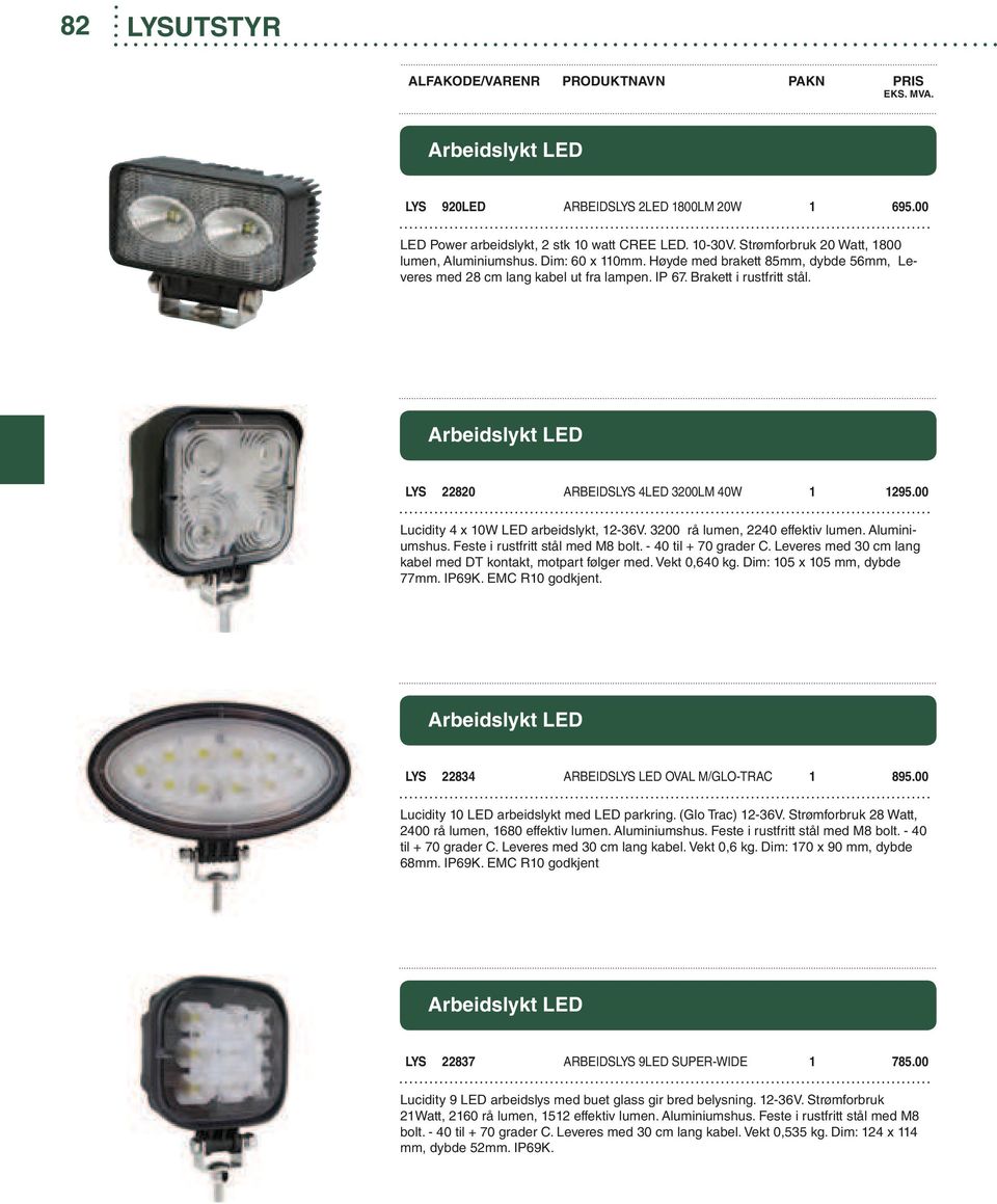 00 Lucidity 4 x 10W LED arbeidslykt, 12-36V. 3200 rå lumen, 2240 effektiv lumen. Aluminiumshus. Feste i rustfritt stål med M8 bolt. - 40 til + 70 grader C.